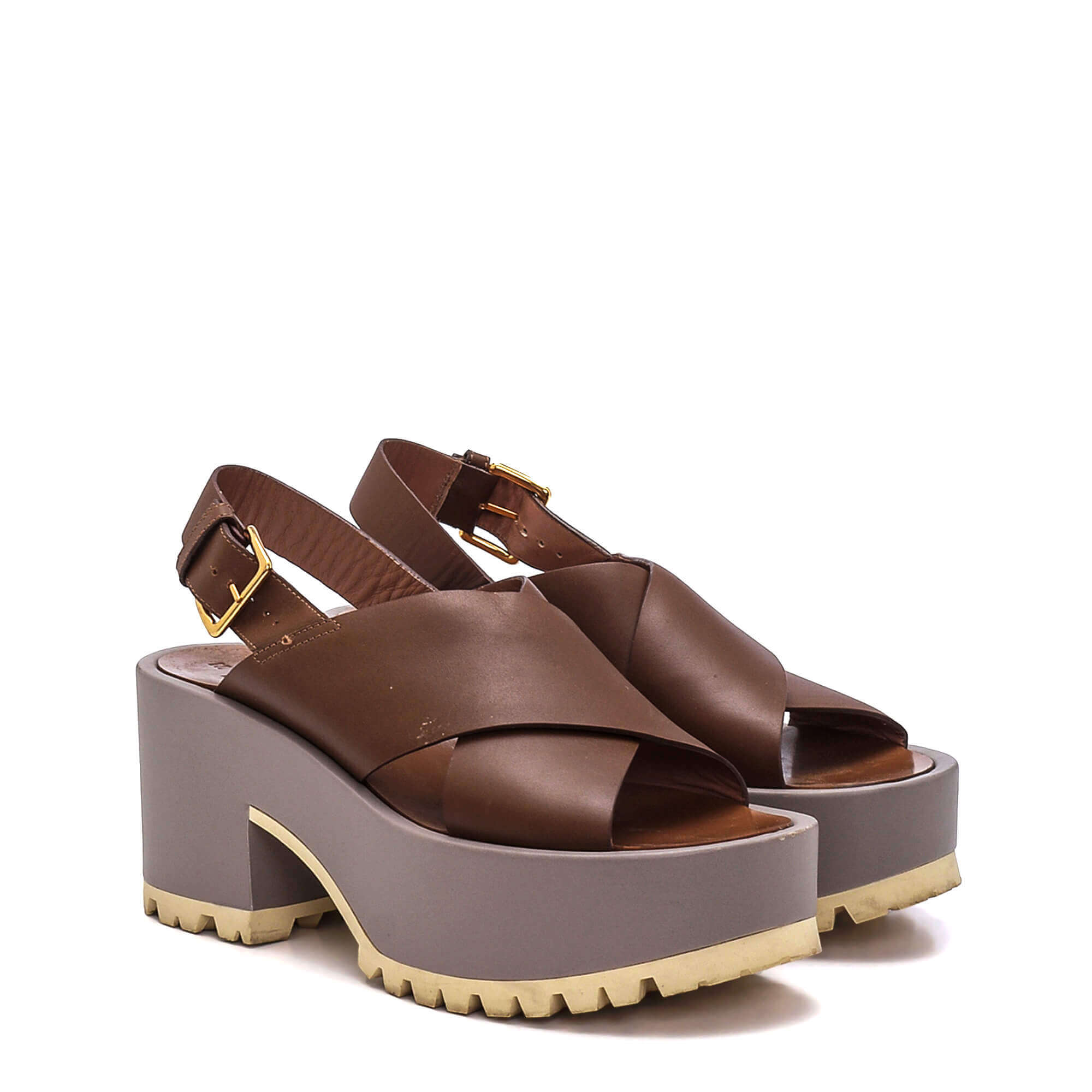 Marni - Brown & Grey Leather Cross Strap Platform Sandals/38